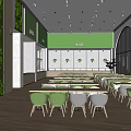 Modern Dining Space With Green Plant Wall Green Walls Wooden Floors Arranged Tables And Arched Windows