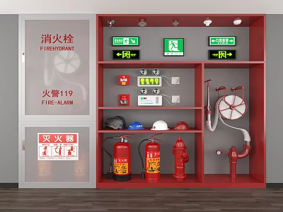 Complete Fire Equipment Setup Including Fire Hydrant Fire Extinguisher Emergency Lights And Fire Alarm 3d model