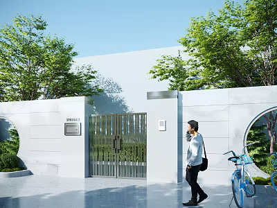 Modern Entrance Gate In White Building With Metal Grille And Green Trees 3d model