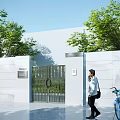 Modern Entrance Gate In White Building With Metal Grille And Green Trees