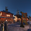 Ancient Style Commercial Street With Traditional Architecture Red Lanterns And Evening Pedestrians