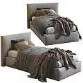 Modern Single Bed with Gray Frame and Upholstered Headboard Brown Blanket and Pillows 3d model