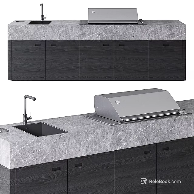 Modern Kitchen Interior With Marble Countertop Stainless Steel Sink And Faucet 3d model 