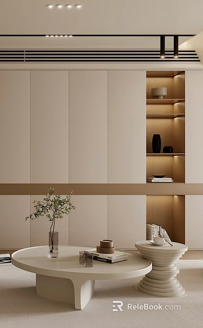 Modern Dining Living Room Interior With Beige Cabinets Wooden Shelves LED Lighting And Green Plant 3d model 