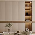 Modern Dining Living Room Interior With Beige Cabinets Wooden Shelves LED Lighting And Green Plant