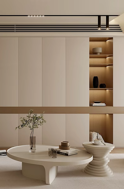 Modern Dining Living Room Interior With Beige Cabinets Wooden Shelves LED Lighting And Green Plant 3d model