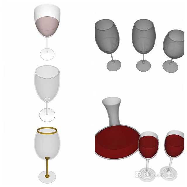 Elegant Wine Bottles and Glasses with Various Styles and Red Wine 3d model 