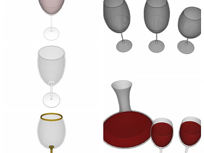 Elegant Wine Bottles and Glasses with Various Styles and Red Wine 3d model