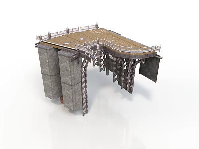 Architectural Elevated Structure With Wooden Deck Stone Pillars And Metal Frame Support 3d model