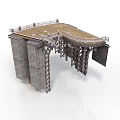 Architectural Elevated Structure With Wooden Deck Stone Pillars And Metal Frame Support