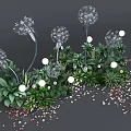 Dandelion Sculptures With Green Plants And White Spherical Lights In Garden Decor