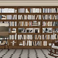Large Wooden Full Wall Bookcase Filled With Books Decorative Pieces And Cozy Rocking Chair