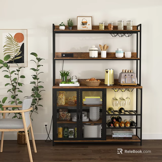 Stylish Buffet Cabinet With Metal Frame Wood Shelves Jars Plants And Wine Racks 3d model 