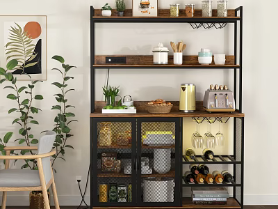 Stylish Buffet Cabinet With Metal Frame Wood Shelves Jars Plants And Wine Racks 3d model