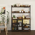 Stylish Buffet Cabinet With Metal Frame Wood Shelves Jars Plants And Wine Racks
