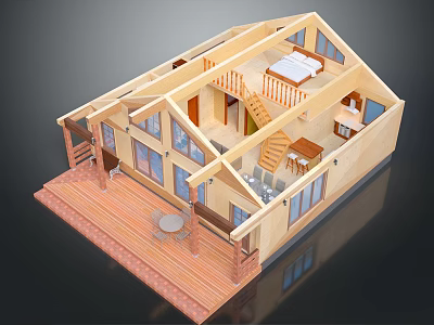 Cartoon Style Wooden House Model With Interior Structure Balcony And Bedroom Elements 3d model