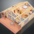 Cartoon Style Wooden House Model With Interior Structure Balcony And Bedroom Elements