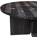 Round Coffee Table With Black And White Striped Marble Top And Dark Wooden Legs