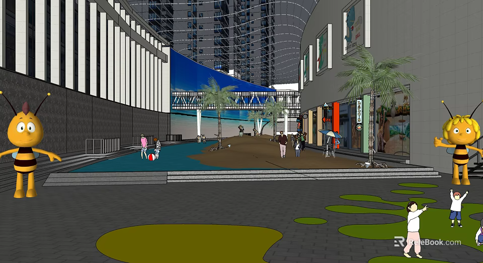 Modern Commercial Street With High Rise Buildings Palm Trees Shops And Pedestrian Walkways 3d model 