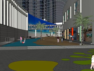 Modern Commercial Street With High Rise Buildings Palm Trees Shops And Pedestrian Walkways 3d model