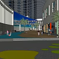 Modern Commercial Street With High Rise Buildings Palm Trees Shops And Pedestrian Walkways