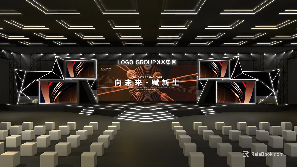Modern Corporate Event Stage Featuring Large Screen Group Logo Audience Seats And Future Theme 3d model