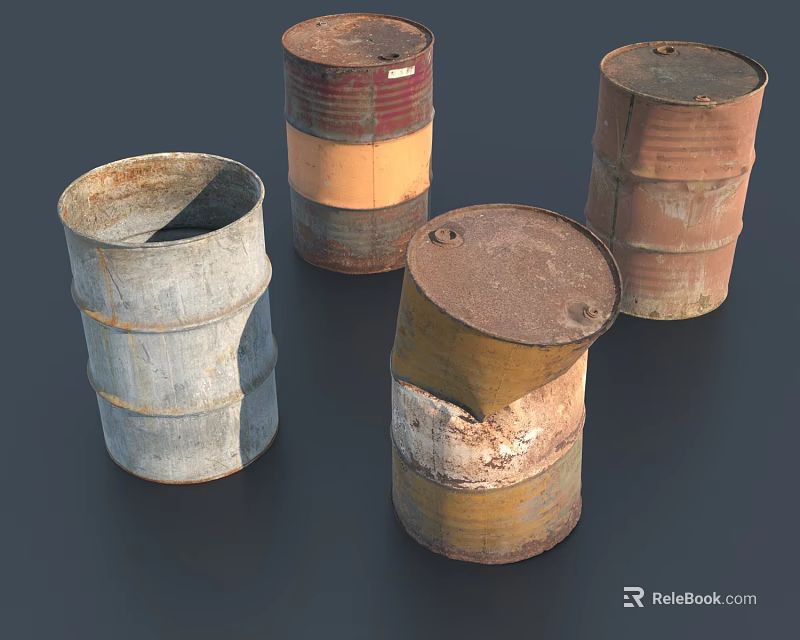 Rusted Metal Drums Serving As Industrial Equipment With Weathered Exteriors And Multicolored Finishes 3d model 