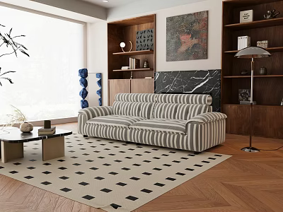 Comfortable Grey White Striped Fabric Sofa Set For Cozy Retro Living Room Interior Decoration 3d model