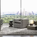 Modern Woven Single Sofa With Large Windows City View And Side Table Lamp 3d model