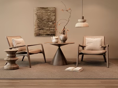 Warm Living Room Wooden Chair And Table Set With Decorative Painting Pendant Light And Rug 3d model
