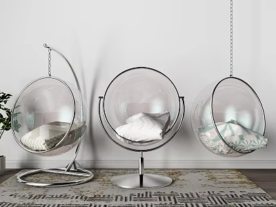 Modern Transparent Spherical Hanging Chairs With Metal Stand And Soft Cushions 3d model