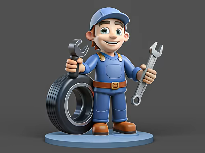 Man in Blue Work Uniform and Cap as Cartoon Mechanic Holding Wrench with Tire 3d model