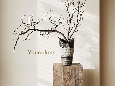 Textured Ceramic Vase with Dried Branches on Wooden Cube Stand in Natural Light Shadow 3d model