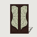 Symmetric Wooden Door With Decorative Carved Patterns And Glass Panels