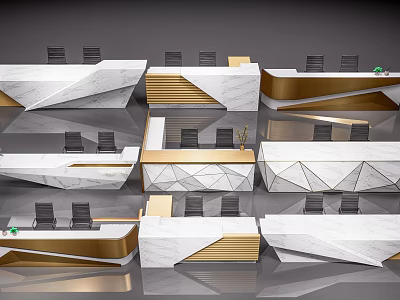 Modern Reception Desks With Marble Material Geometric Shapes Gold Accents And Black Chairs 3d model