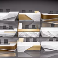 Modern Reception Desks With Marble Material Geometric Shapes Gold Accents And Black Chairs