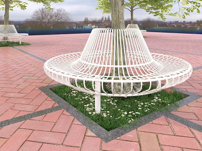 Garden Landscape With White Circular Bench Around Tree Trunk Red Brick Plaza Grass And Flowers 3d model