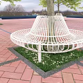 Garden Landscape With White Circular Bench Around Tree Trunk Red Brick Plaza Grass And Flowers