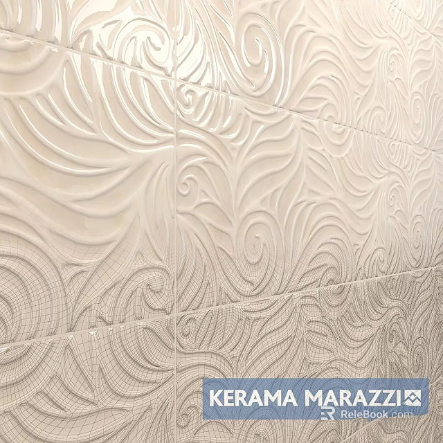 Cream White Embossed Tiles With Wave Leaf Pattern For Bathroom Daily Washing Use 3d model