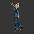 3D Render of Blonde Female Character in Blue Bodysuit Holding Gun and Wearing Roller Skates
