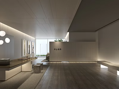 Modern Minimalist Reception Area With Sleek Desk And Ambient Lighting Elements 3d model