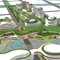 Innovative Commercial Complex Featuring Circular Buildings Green Roofs And Open Pedestrian Spaces