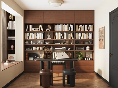 Cozy Study Room Interior With Wooden Bookshelves Filled With Books Decorative Items And Laptop 3d model