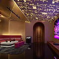 Modern KTV Room Interior With Red Sofa Large Screen And Decorative Ceiling Lighting 3d model
