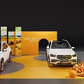 Automotive Exhibition Display With White Cars Orange Backdrop And Decorative Fruits