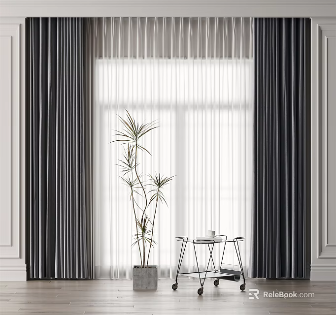 Dark Curtains With White Sheer Panels And Potted Plant By Window 3d model 