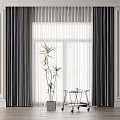 Dark Curtains With White Sheer Panels And Potted Plant By Window
