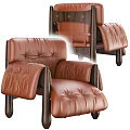 Tufted Brown Leather Single Sofa with Wooden Legs Modern Design