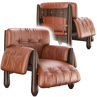 Tufted Brown Leather Single Sofa with Wooden Legs Modern Design 3d model