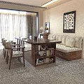 Modern Wooden Table And Chairs Set In Living Room With Sofa Bookshelf And Wall Art